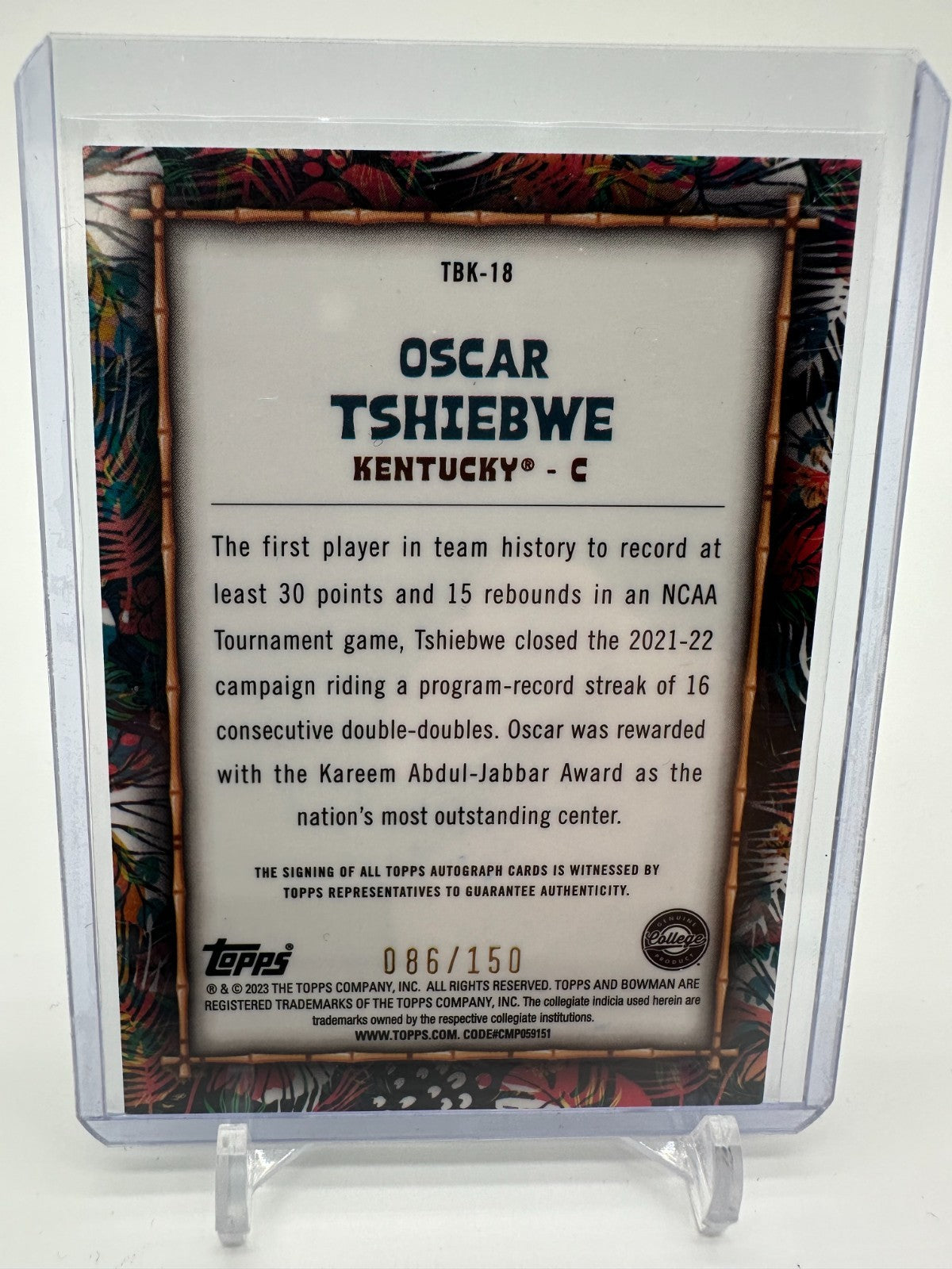 Oscar Tshiebwe 2022-23 Bowman University Chrome Big Kahuna Auto Card /150