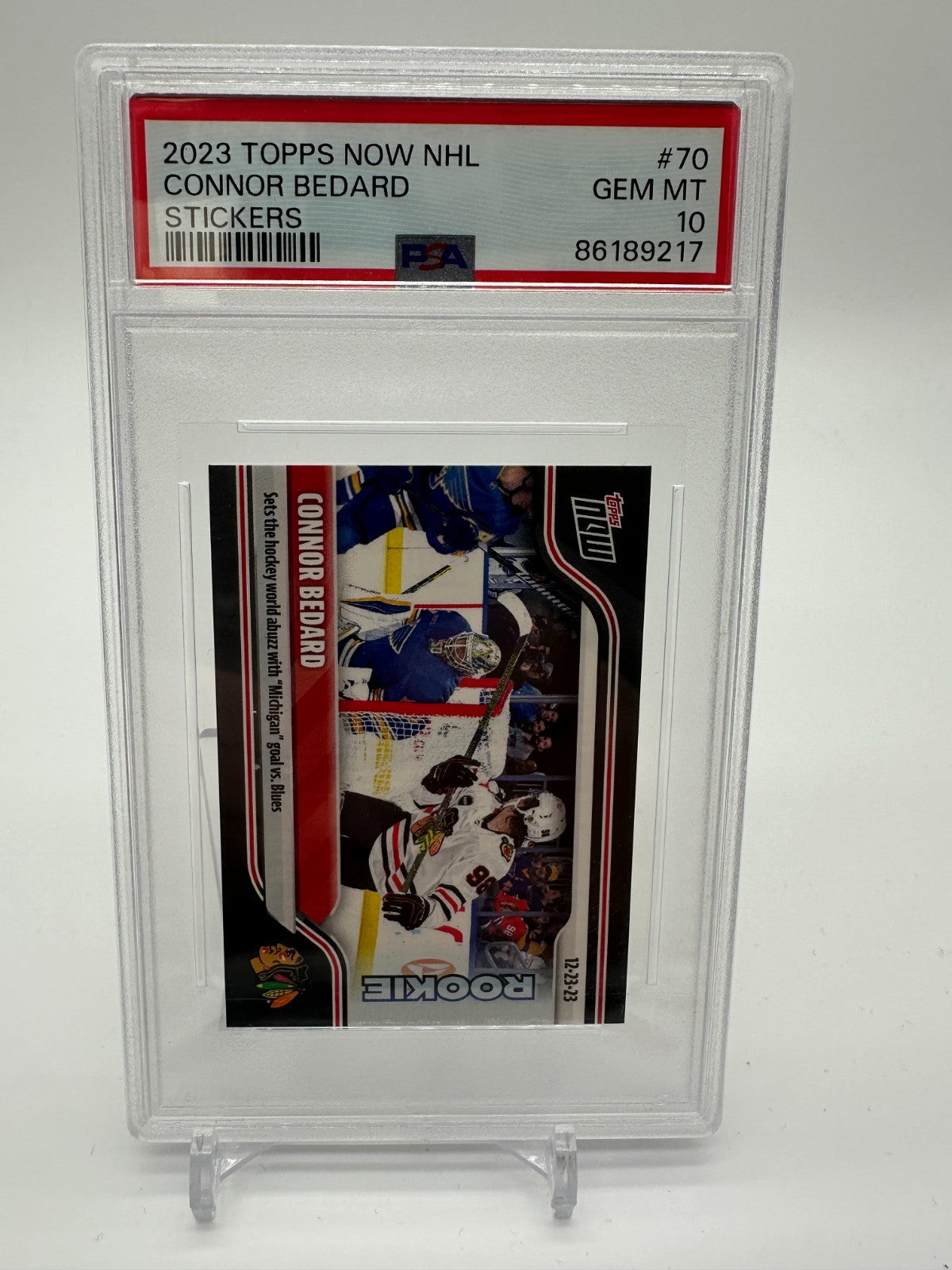 2023-24 Topps Now NHL Stickers Connor Bedard Rookie RC #70 Blackhawks PSA 10