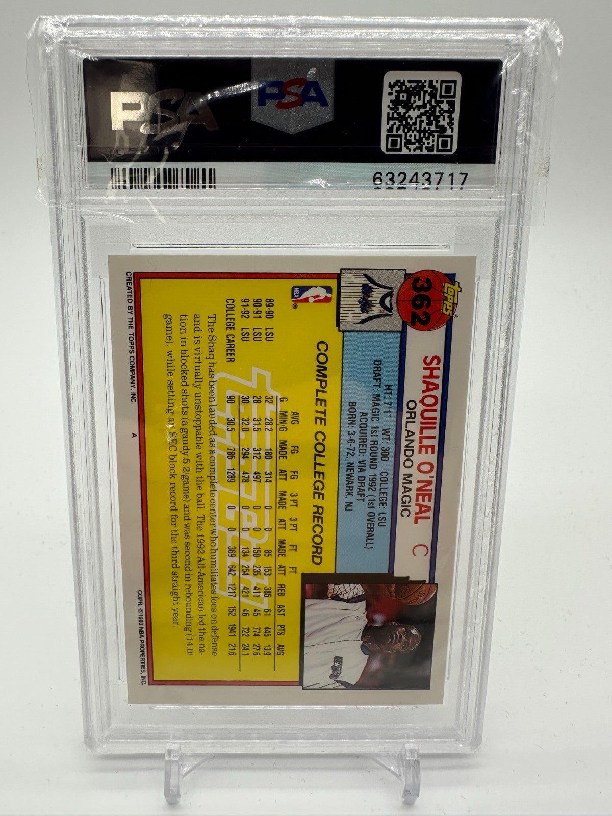 Shaquille O'Neal 1992-93 Topps Gold RC #362 - PSA 9