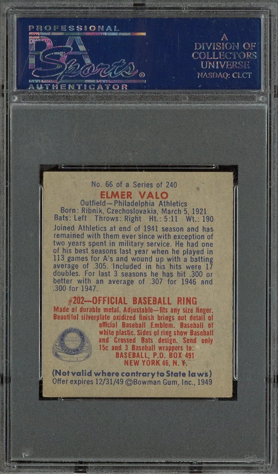 1949 Bowman #66 Elmer Valo Philadelphia A's PSA 5 EX