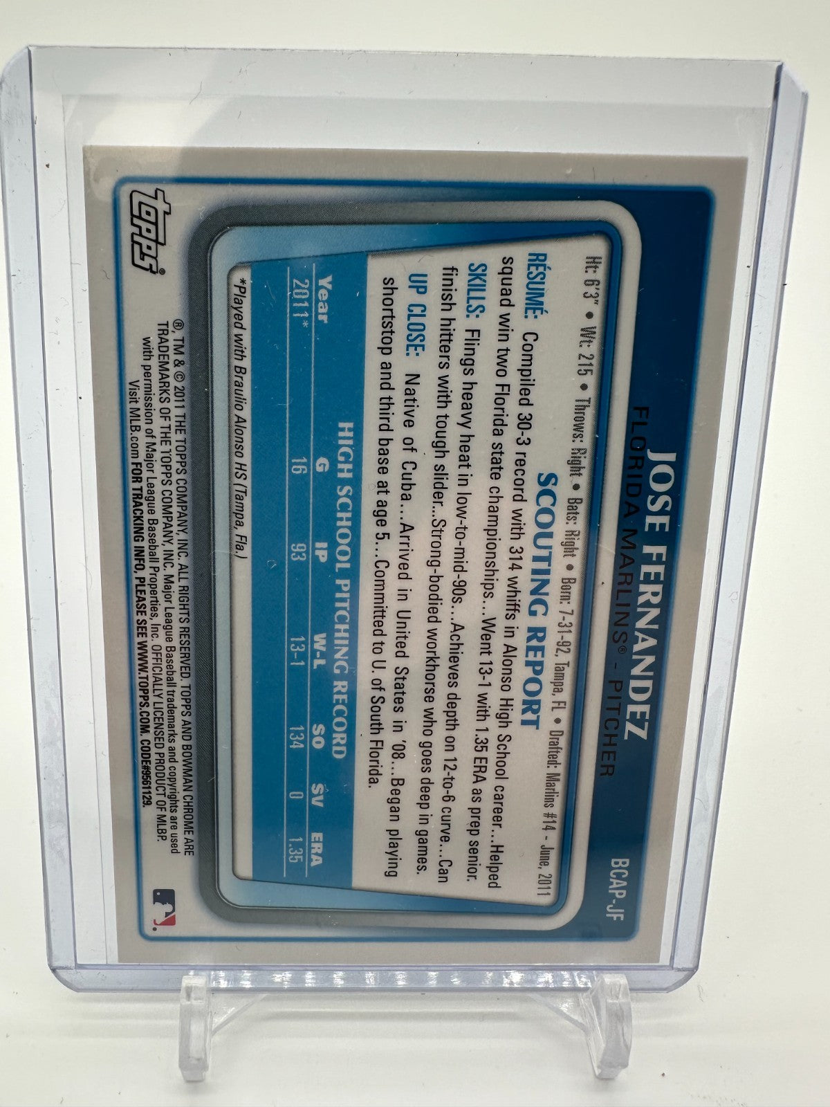 2011 Bowman Draft Chrome Prospects Auto Jose Fernandez #BCAP-JF Auto