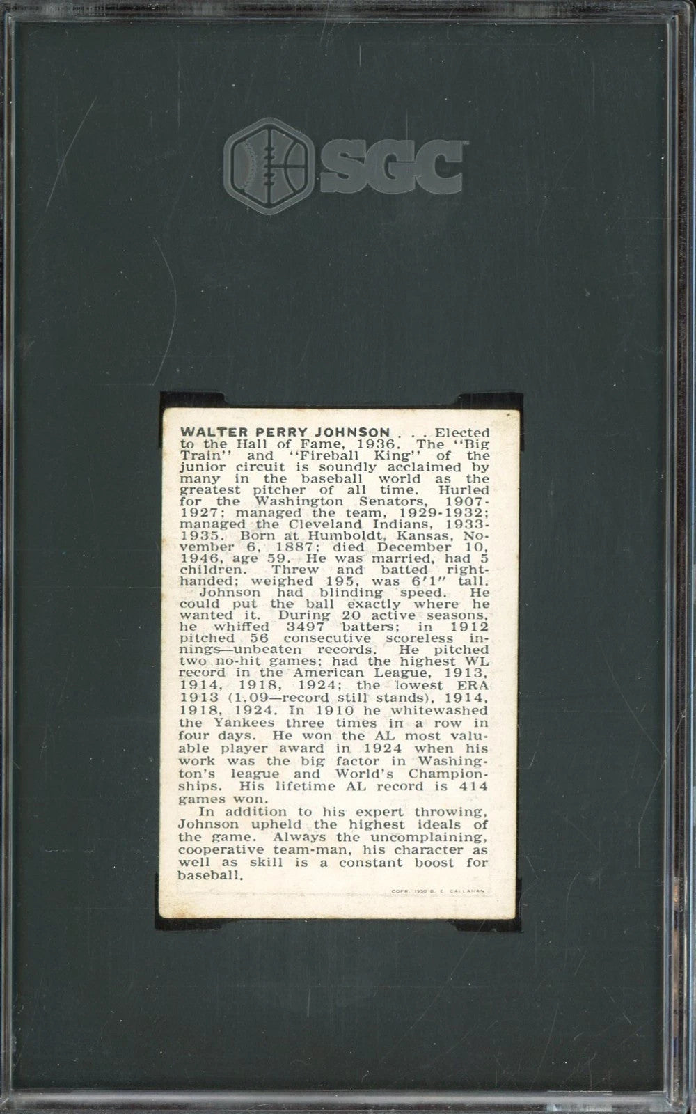 1950-56 Callahan Walter Johnson Washington Senators HOF SGC 3 VG